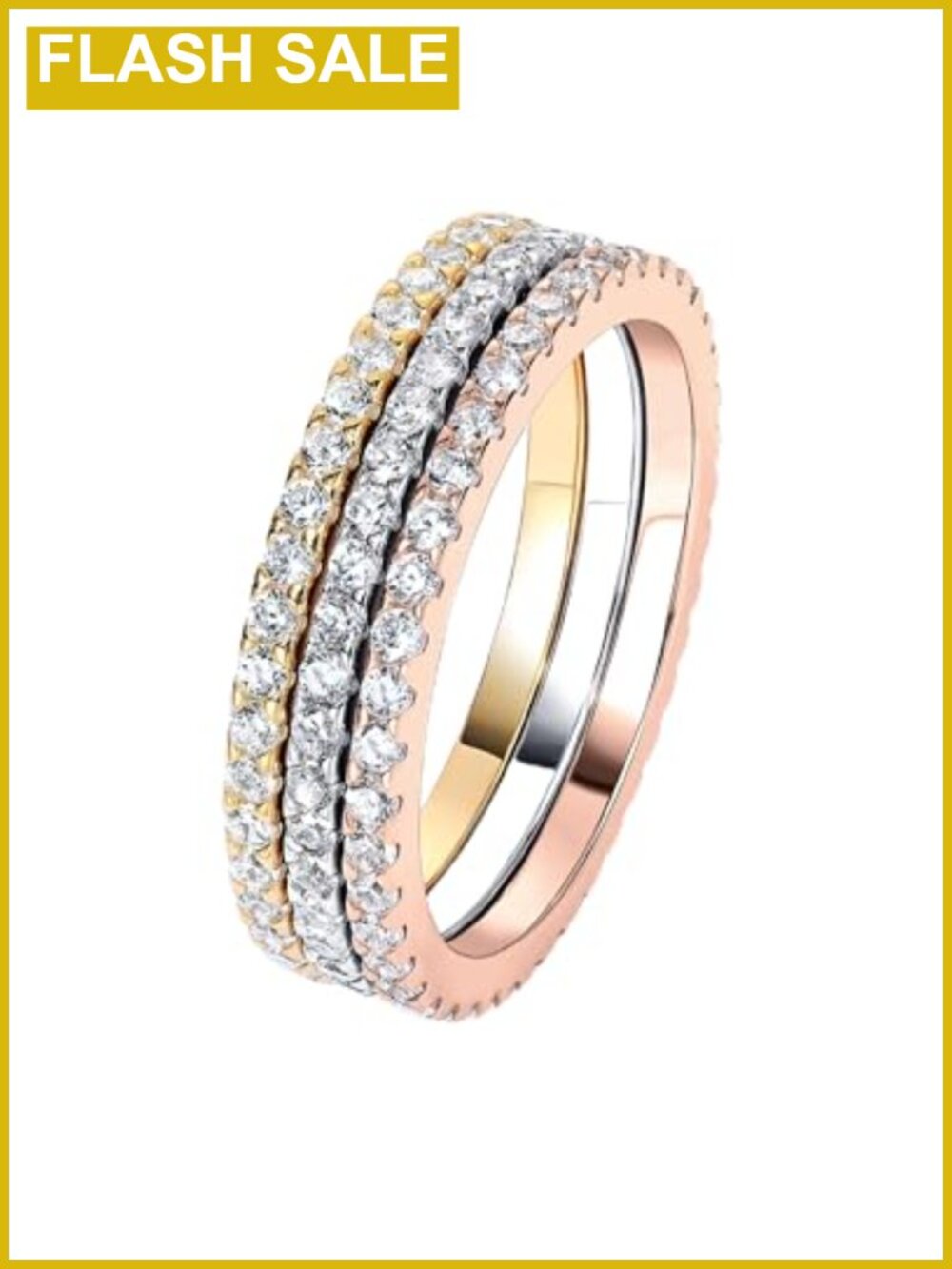 14K Gold Plated Sterling Silver CZ Eternity Ring Trio, Stackable Wedding Band